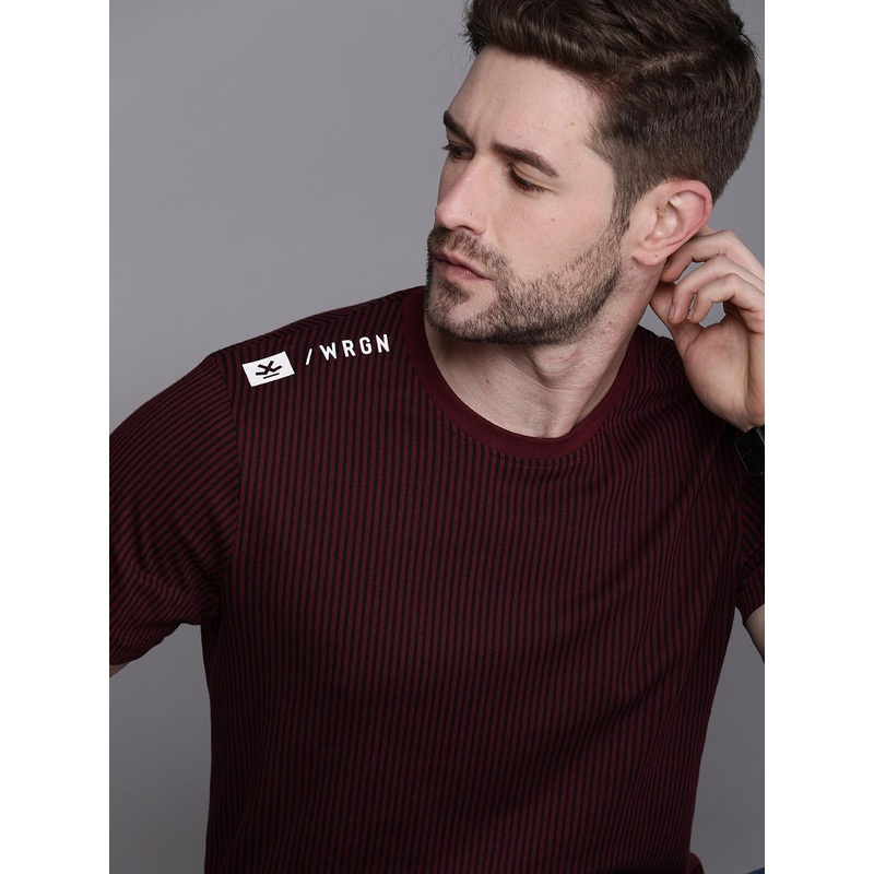 WROGN Men Maroon  Black Striped Slim Fit Pure Cotton T-shirt