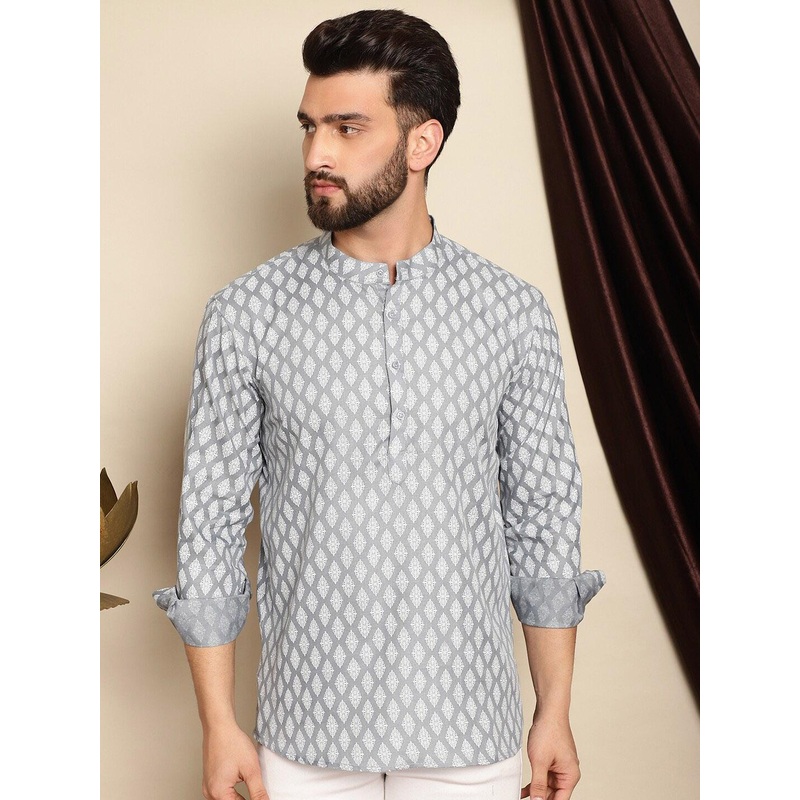 Anouk Grey Ethnic Motifs Printed Band Collar Cotton Linen Straight Short Kurta