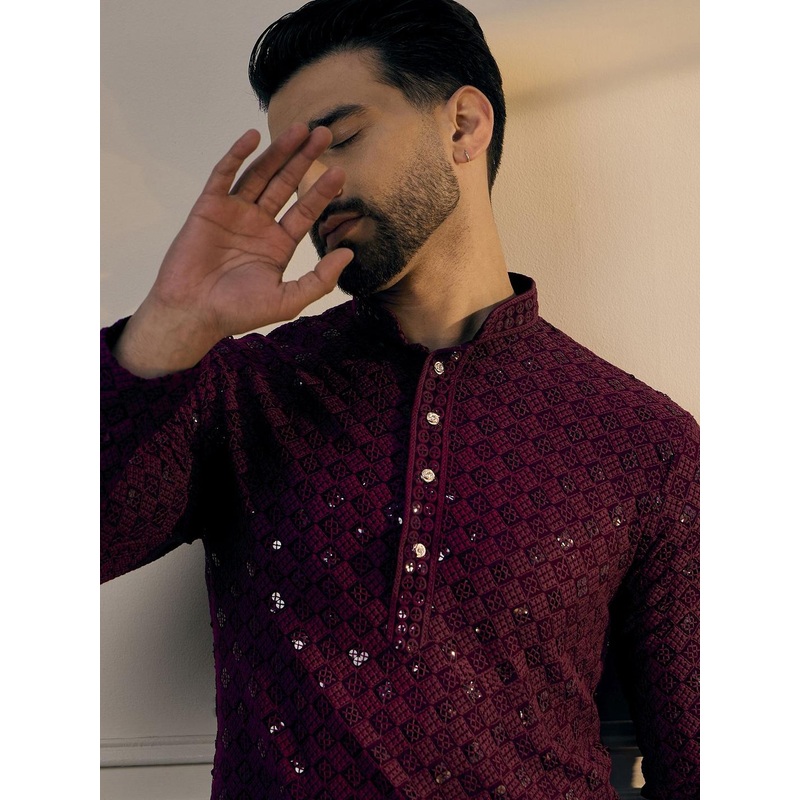 Anouk Purple Floral Embroidered Sequinned Mandarin Collar Pure Cotton Straight Kurta