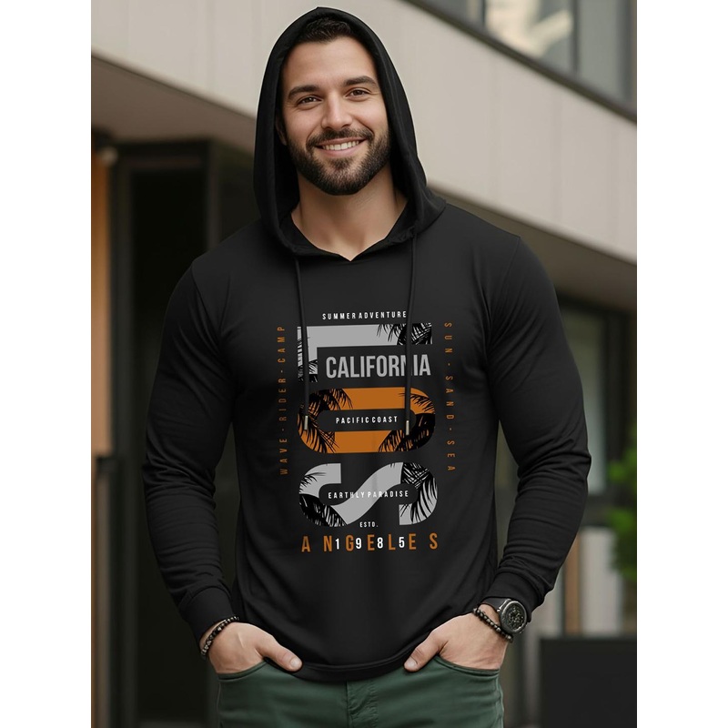 AUSK Men Typography Printed Hooded Cotton Slim Fit T-shirt