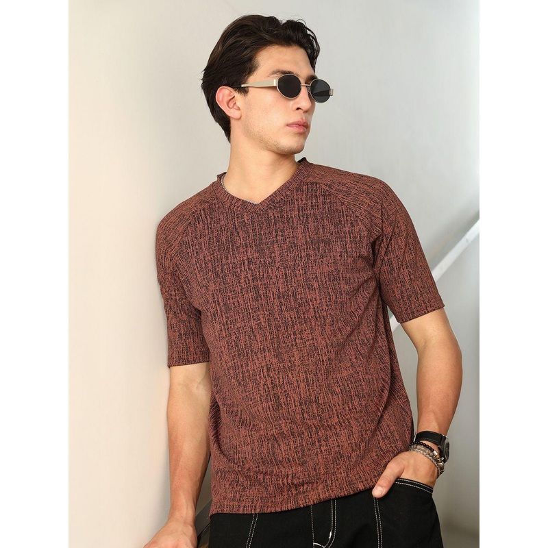 Campus Sutra Men Self Design V-Neck Cotton T-shirt