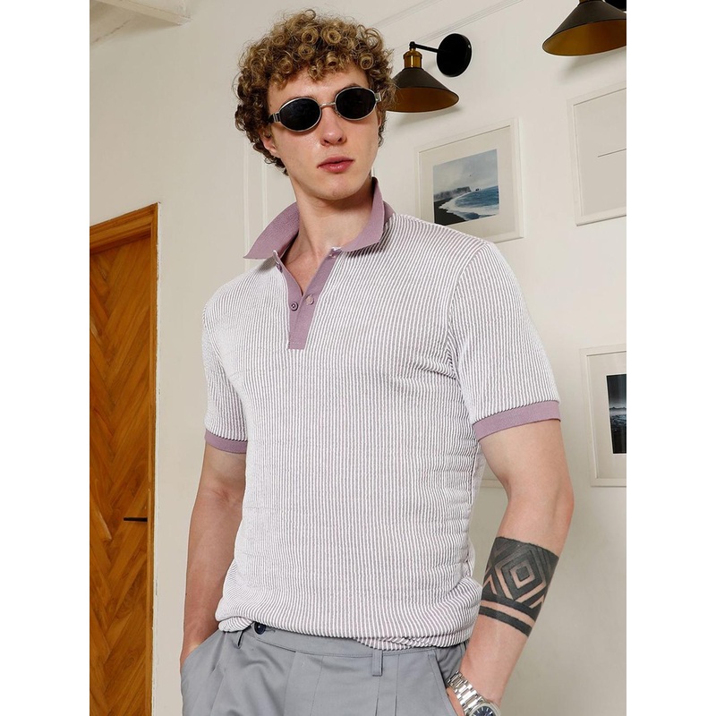 Campus Sutra Striped Polo Collar Regular Fit T-shirt