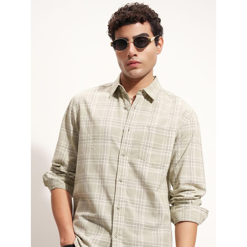 HIGHLANDER Checked Cutaway Collar Cotton Casual Shirt