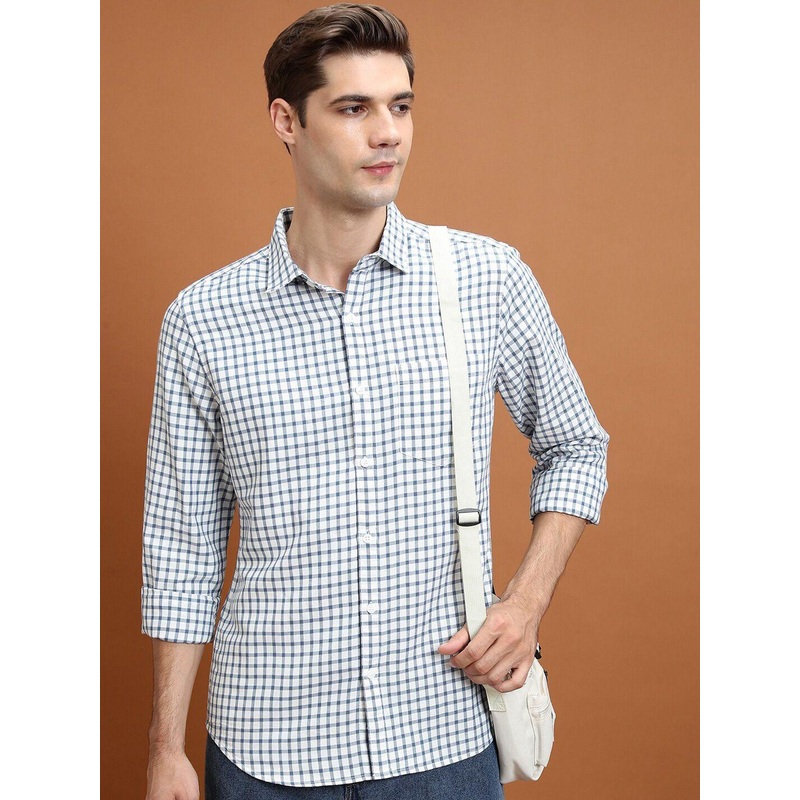 HIGHLANDER White Slim Fit Grid Tattersall Checked Spread Collar Casual Shirt