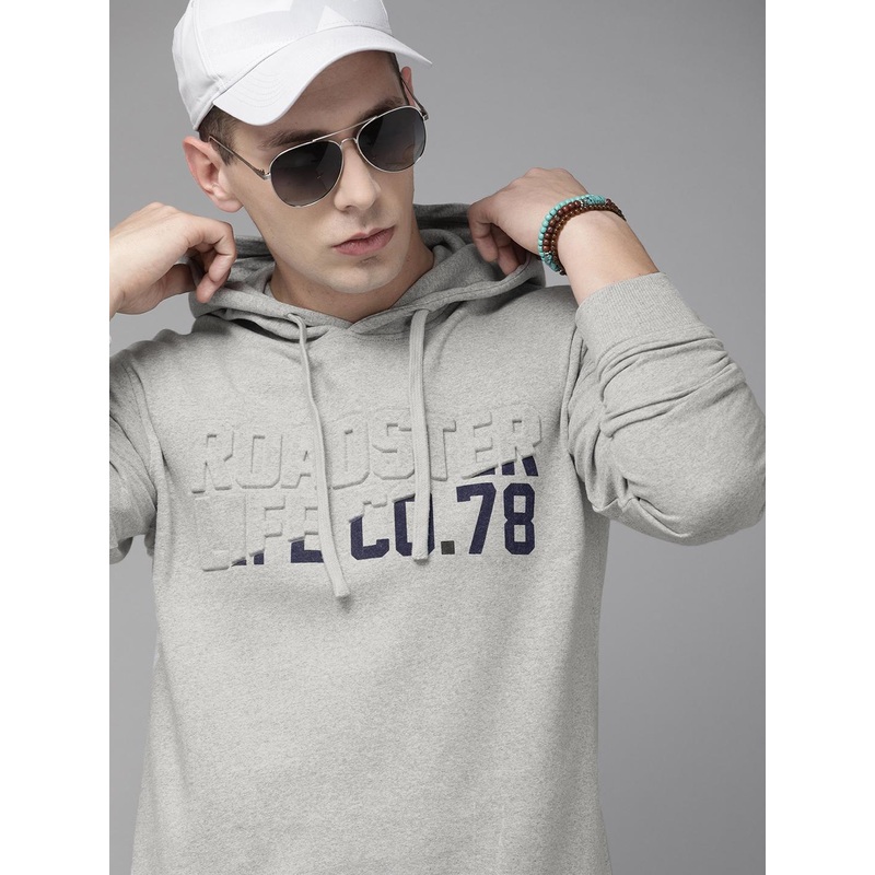 Roadster Men Grey Melange Embossed Hooded Sweatshirt