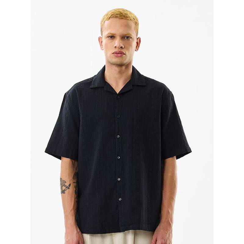 Snitch Boxy Textured Cuban Collar Short Sleeves Cotton Shirt