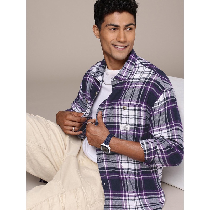 WROGN Oversized Checked Drop-Shoulder Sleeves Pure Cotton Casual Shirt