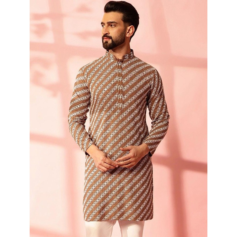 Anouk Geometric Embroidered Mandarin Collar Thread Work Cotton Straight Kurta