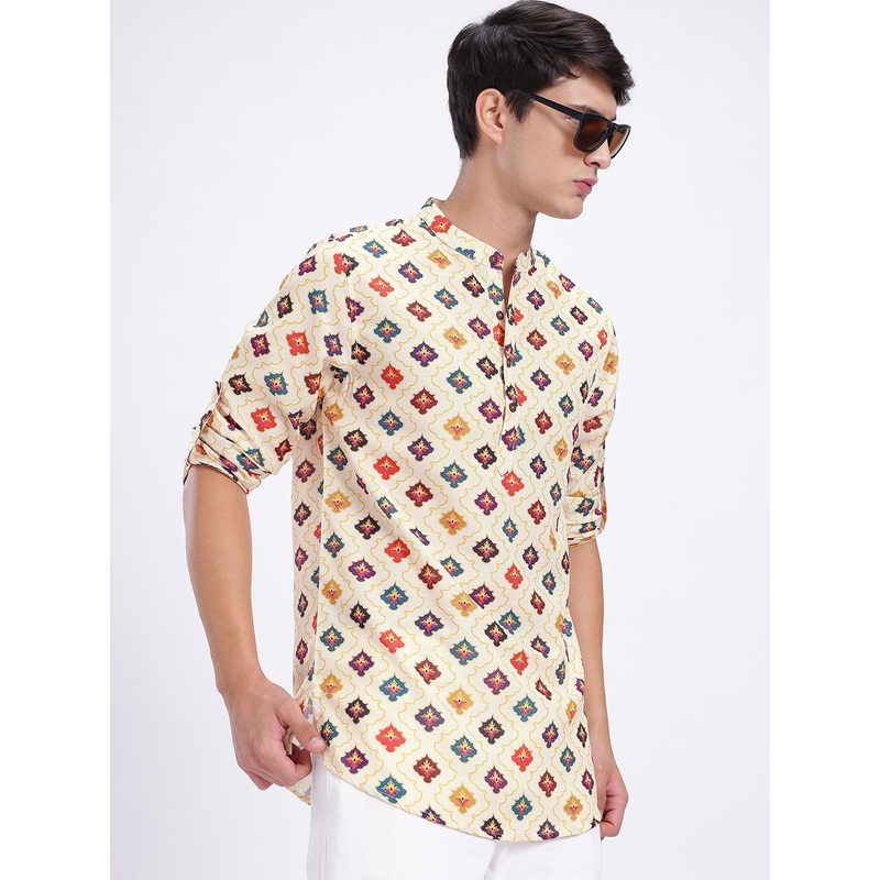 Anouk Rustic Ethnic Motifs Print Band Collar Roll-Up Sleeves Straight Kurta