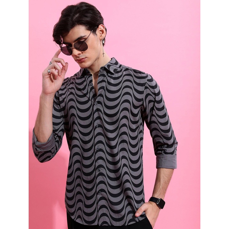 HIGHLANDER Grey Slim Fit Opaque Abstract Printed Cotton Casual Shirt