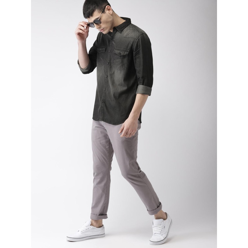 HIGHLANDER Men Charcoal Grey Slim Fit Faded Denim Casual Shirt