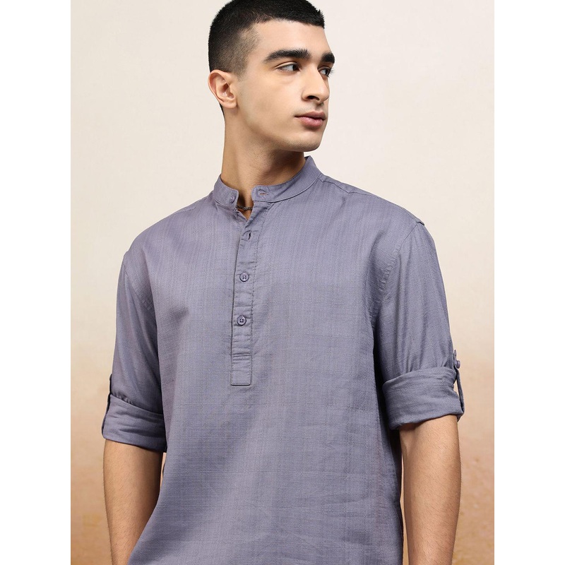 HIGHLANDER Men Dobby Textured Solid Mandarin Collar Roll Up Sleeve Relaxed Shirt