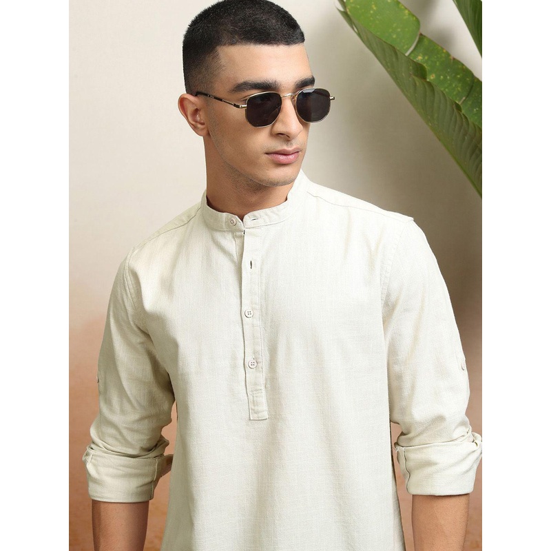 HIGHLANDER Men Mandarin Collar Solid Cotton Casual Shirt