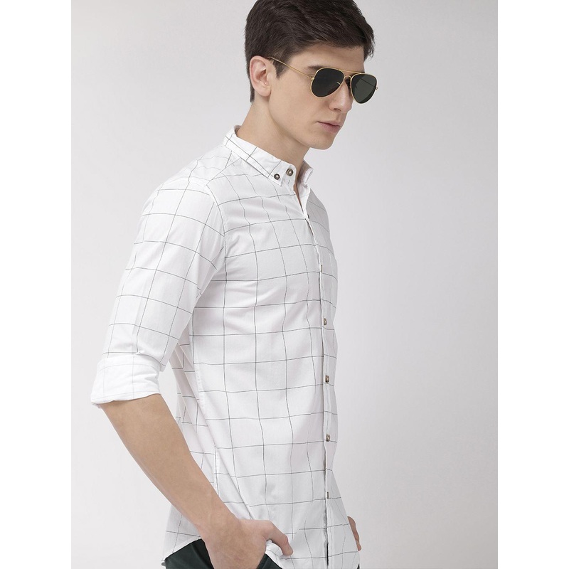 HIGHLANDER Men White & Blue Slim Fit Checked Casual Shirt