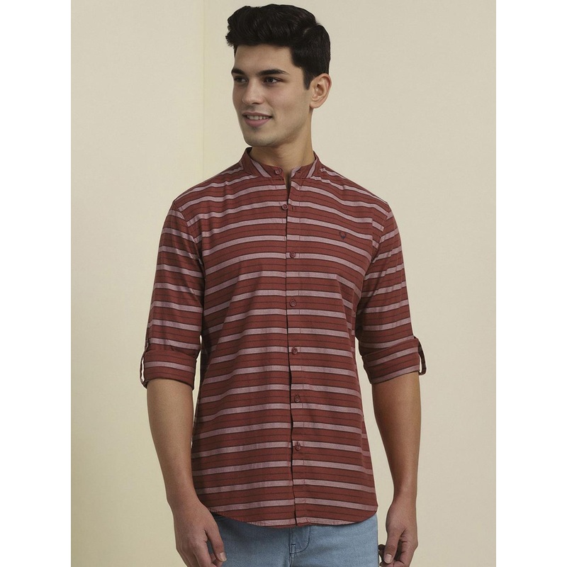 Allen Solly Men Custom Fit  Band Collar Horizontal Striped Cotton Casual Shirt