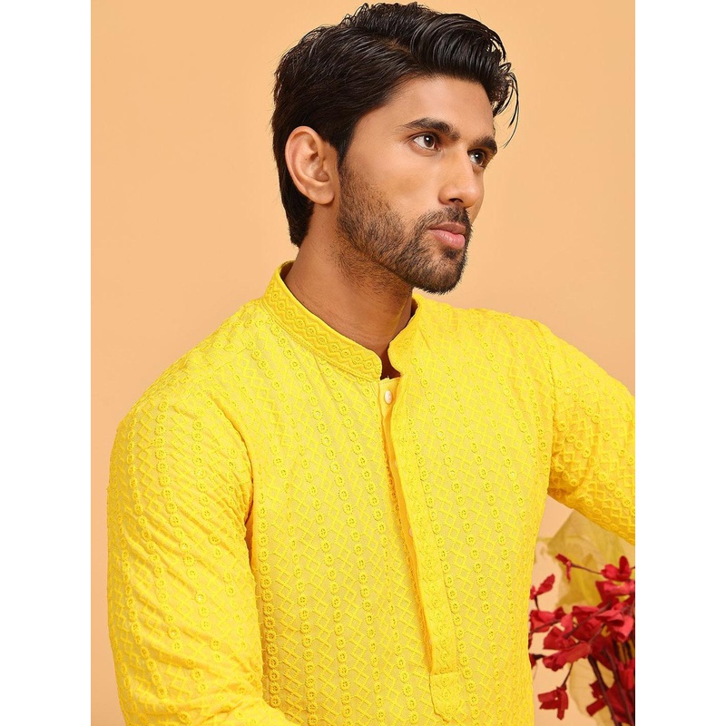 Anouk Yellow Geometric Embroidered Mandarin Collar Sequinned Straight Kurta