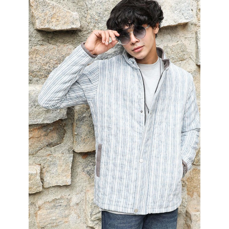 Campus Sutra White Striped Mock Collar Windcheater Longline Quilted Jacket