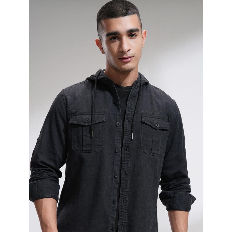 HIGHLANDER Men Sulphur Washed Hooded Utility Pocket Casual Shirt