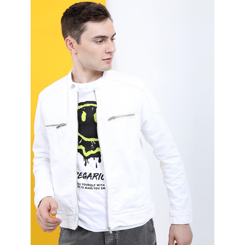 HIGHLANDER Men White Solid Denim Jacket