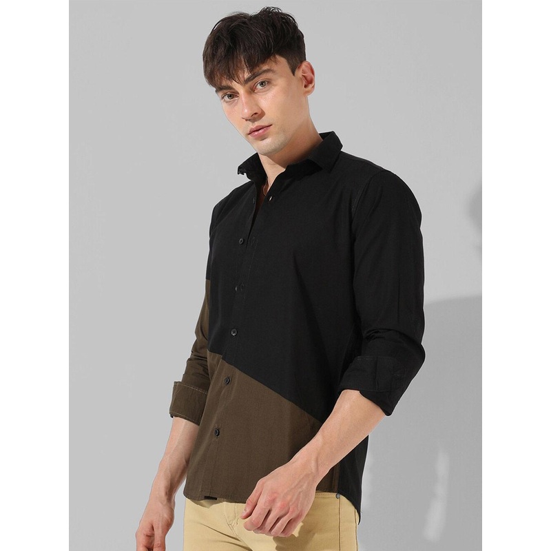 Campus Sutra Black & Brown Colourblocked Casual Shirt