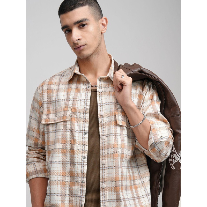 HIGHLANDER Men Printed Checked Stylized Pocket Oversized Overshirt