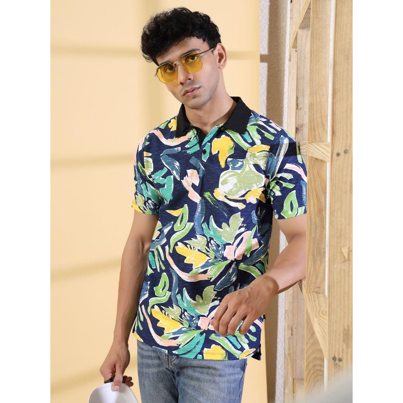 Rigo Floral Printed Polo Collar Cotton T-shirt