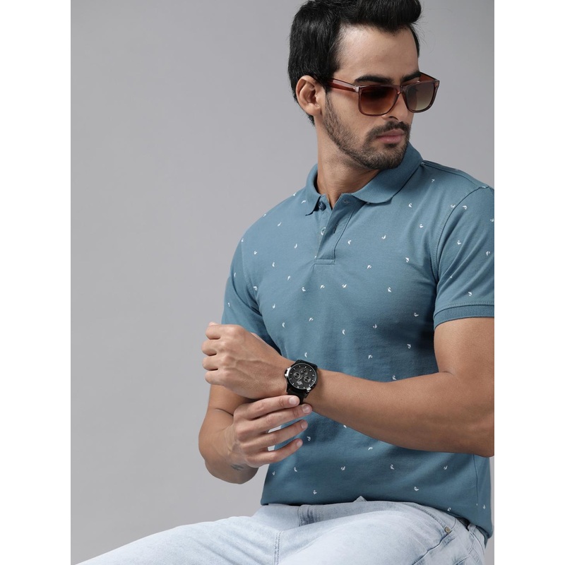 Roadster Men Blue & White Printed Polo Collar T-shirt