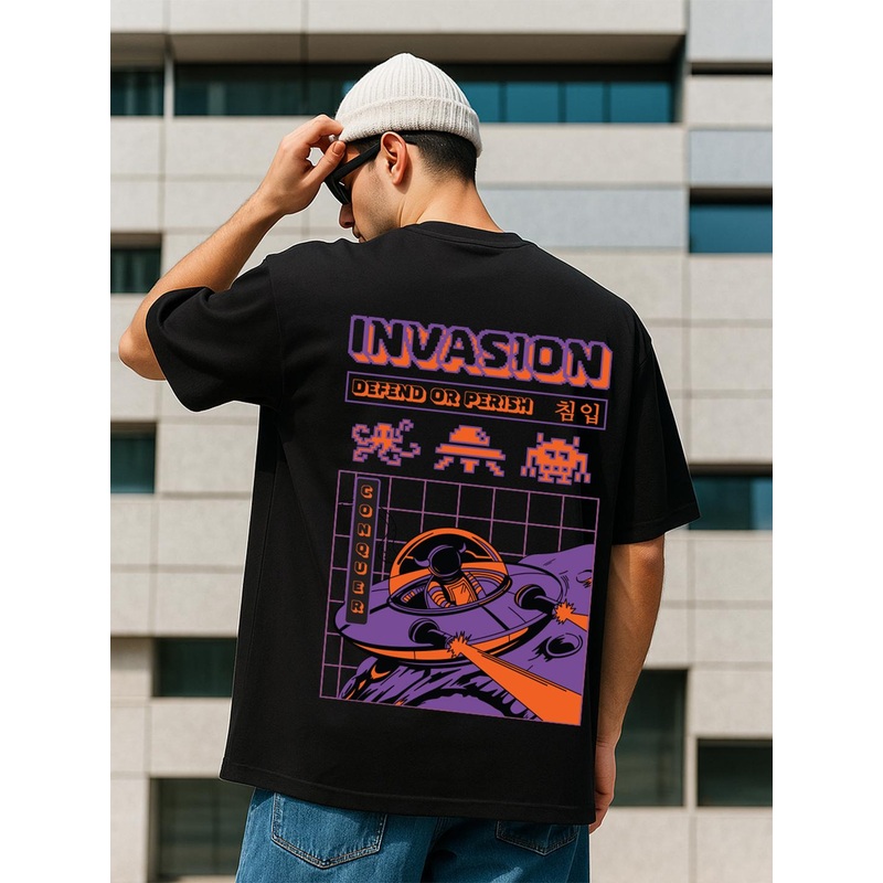 VEIRDO Men Graphic Printed Round Neck Pure Cotton Oversized T-shirt