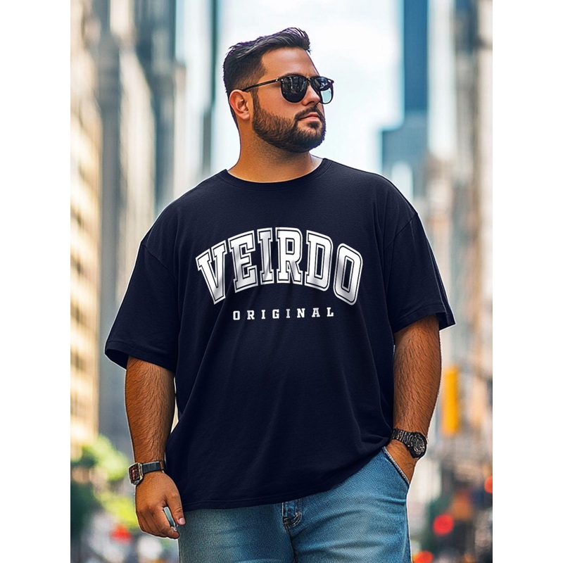 VEIRDO Men Plus Size Typography Printed Drop-Shoulder Sleeves Cotton Oversized T-shirt