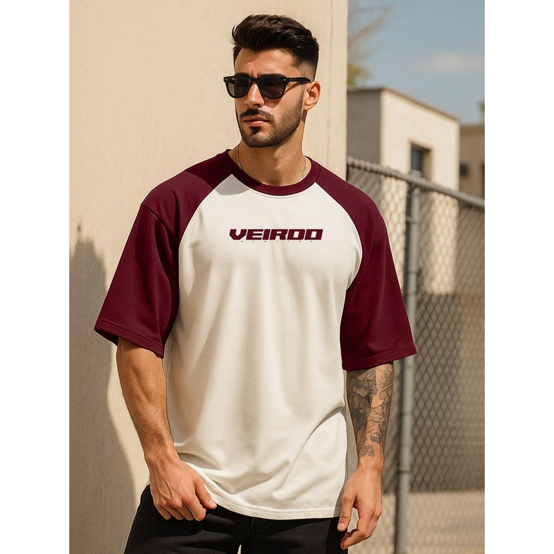VEIRDO Men Typography Printed Raglan Sleeves Oversized Pure Cotton T-shirt