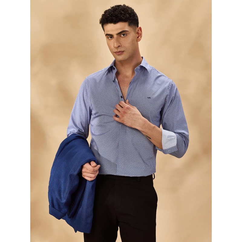 Aldeno Men India Spread Collar Micro Ditsy Printed Cotton Slim Fit Casual Shirt