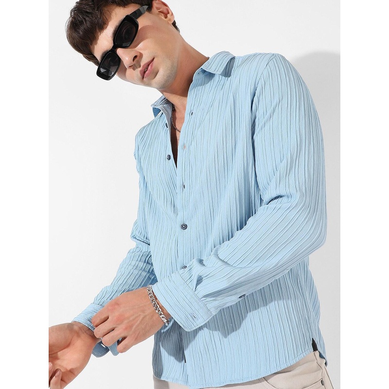Campus Sutra Blue Textured Classic Fit Casual Shirt