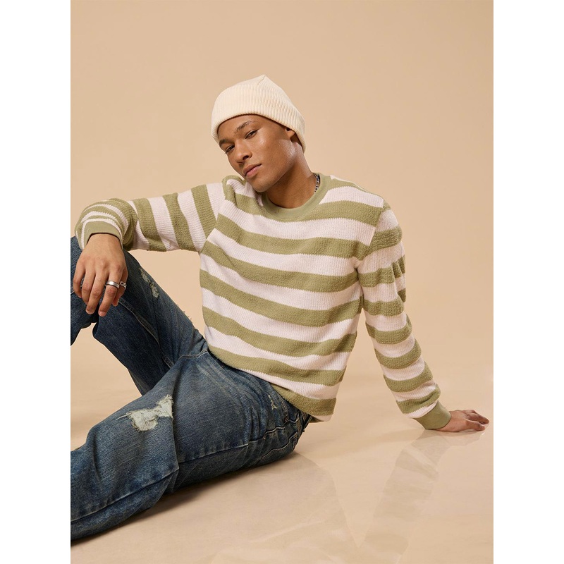 Espanshe Men Green Striped Round Neck Sweater