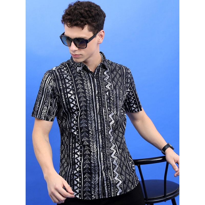 HIGHLANDER Black Ethnic Motifs Printed Spread Collar Cotton Casual Shirt