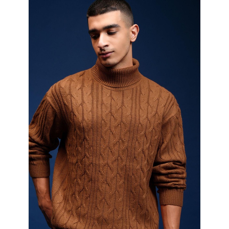 HIGHLANDER Men Cable Knit Turtle Neck Long Sleeves Pullover Sweaters