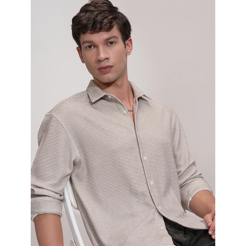HIGHLANDER Men Comfort Stripped Interlock Relaxed Fit Full Sleeve Shirt
