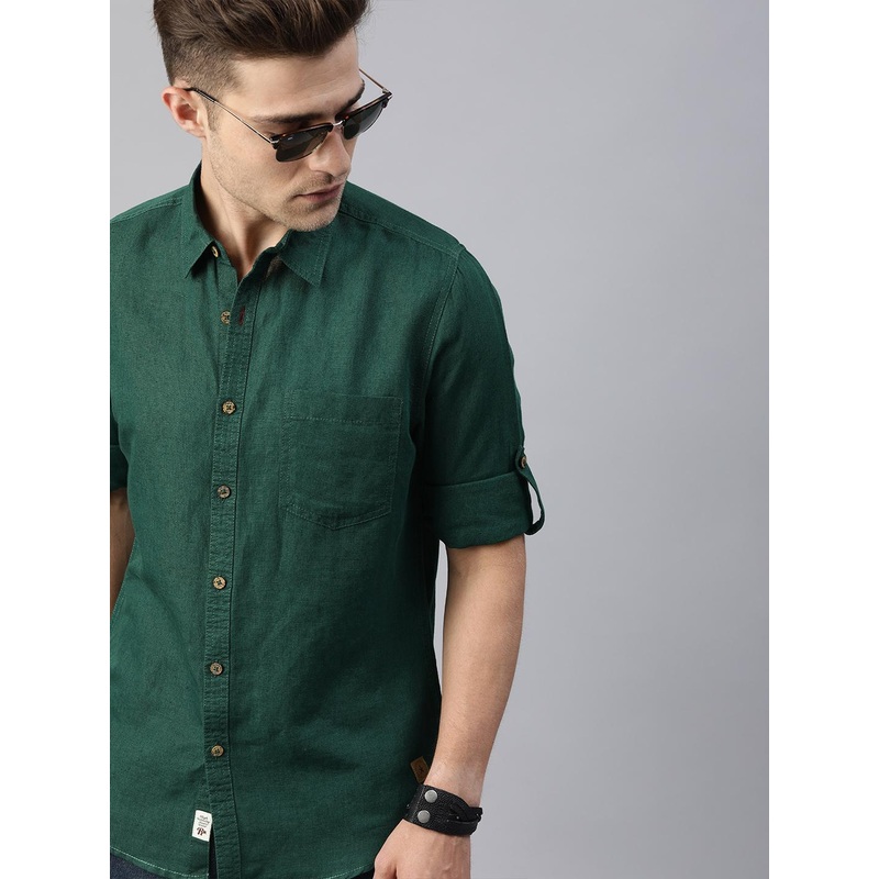 Roadster Men Green Regular Fit Solid Cotton Linen Shirt