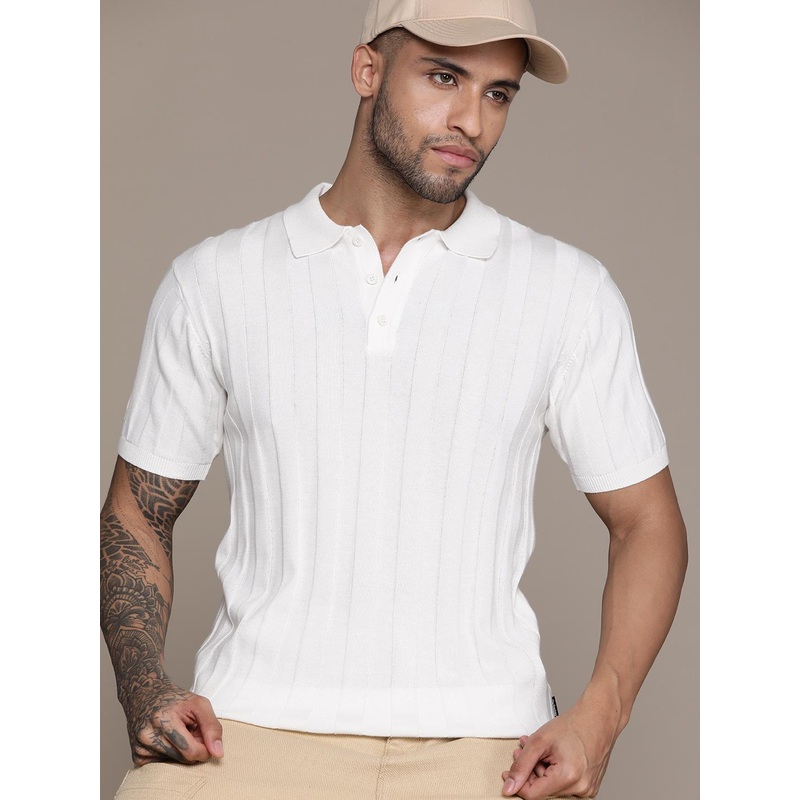 The Roadster Lifestyle Co. Ribbed Pure Cotton Polo Collar T-shirt