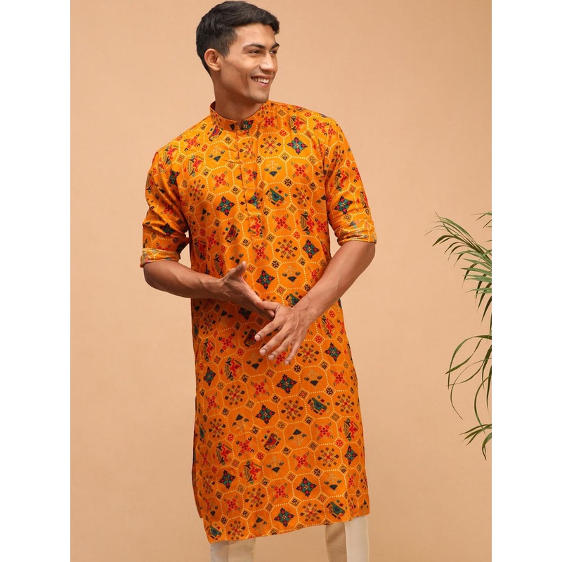 VASTRAMAY Men Yellow & Yellow Ethnic Motifs Cotton Printed Kurta