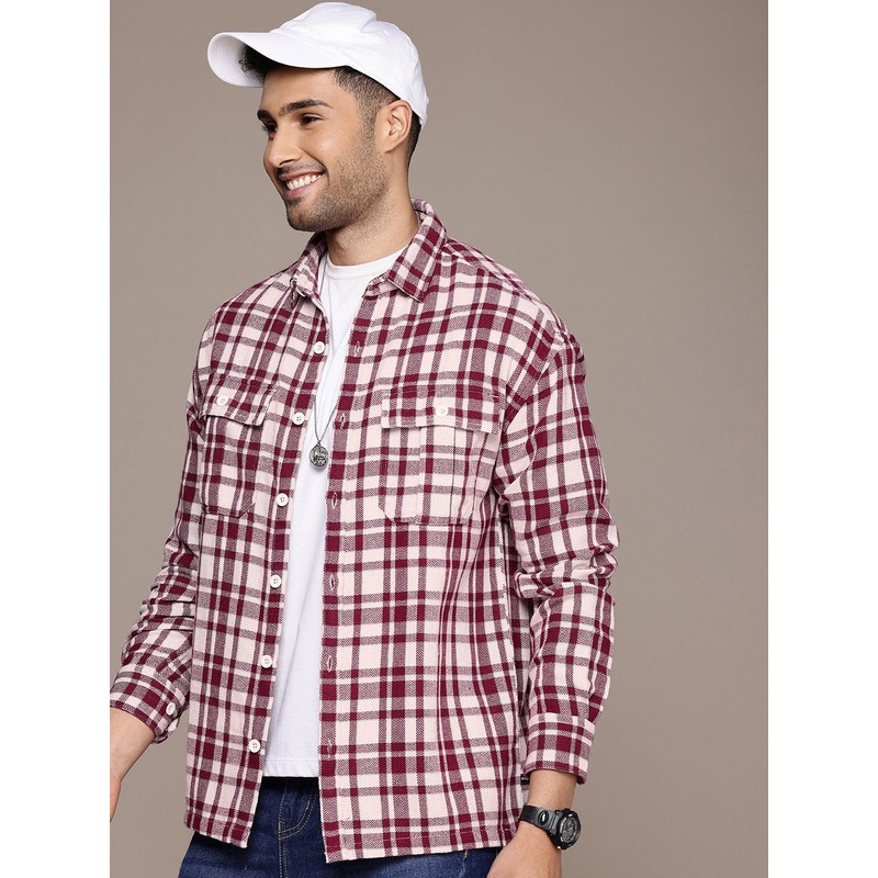 WROGN Drop-Shoulder Sleeves Checked Oversized Knitted Shirt