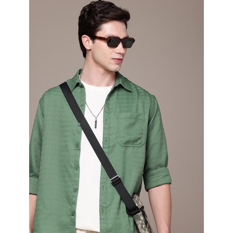 WROGN Self Design Horizontal Stripes Comfort Fit Opaque Casual Shirt