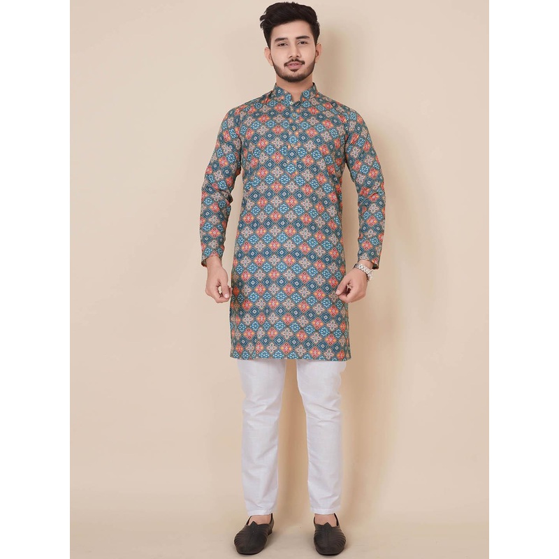 ALMORA Ethnic Motifs Printed Mandarin Collar Long Sleeves Pure Cotton Straight Kurta
