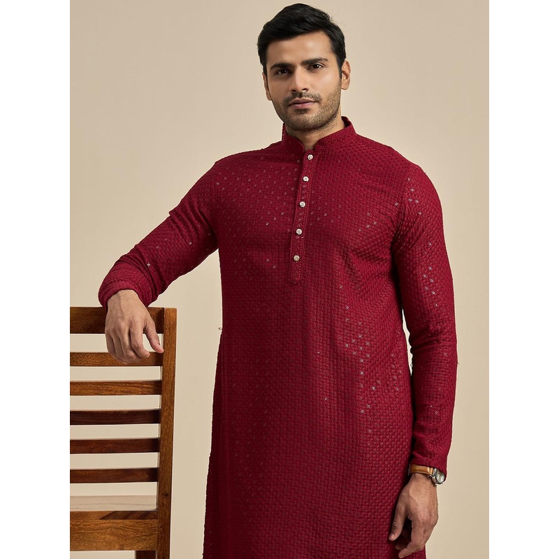 Anouk Red Geometric Embroidered Mandarin Collar Sequins Straight Kurta