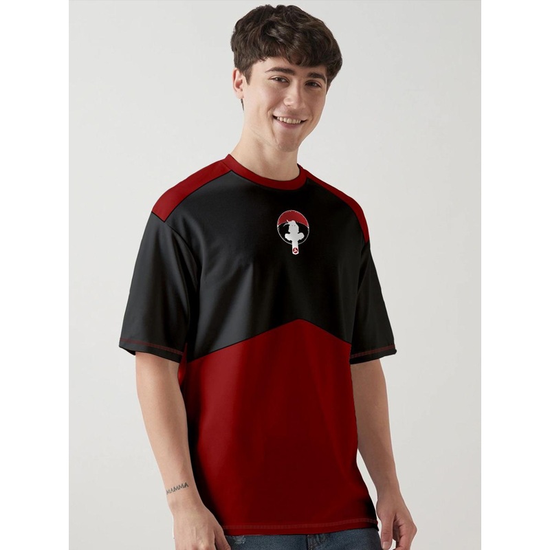 Crazymonk Itachi X Sharingan Printed Drop-Shoulder Sleeves Oversized Cotton T-shirt