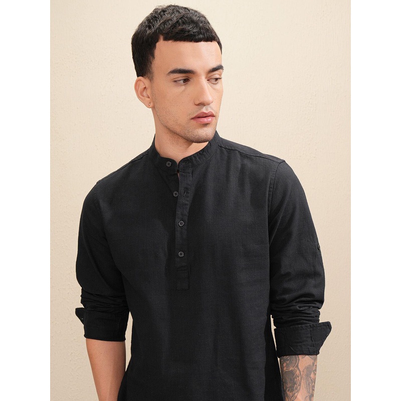 HIGHLANDER Men Solid Mandarin Collar Half Placket Roll-Up Sleeve Casual Shirt