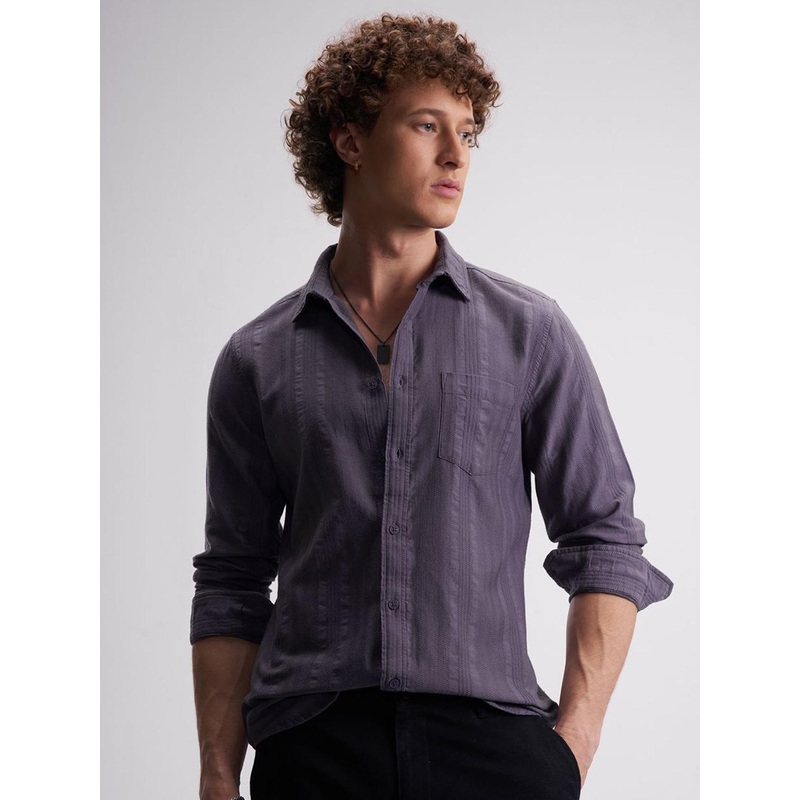 HIGHLANDER Men Textured Spread Collar Cotton Casual Shirt