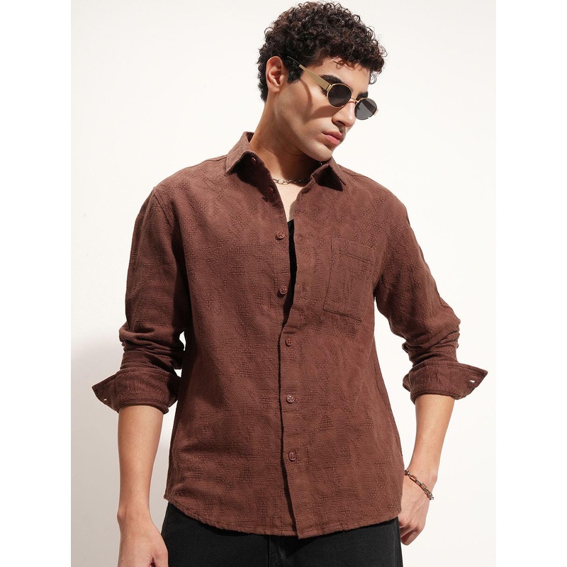 HIGHLANDER Relaxed Fit Textured Cutaway Collar Cotton Shirt