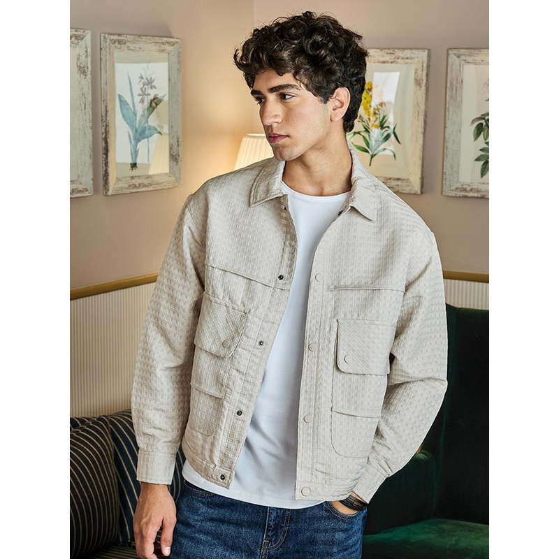 Snitch Beige Men Self Design Lightweight Tailored Jacket