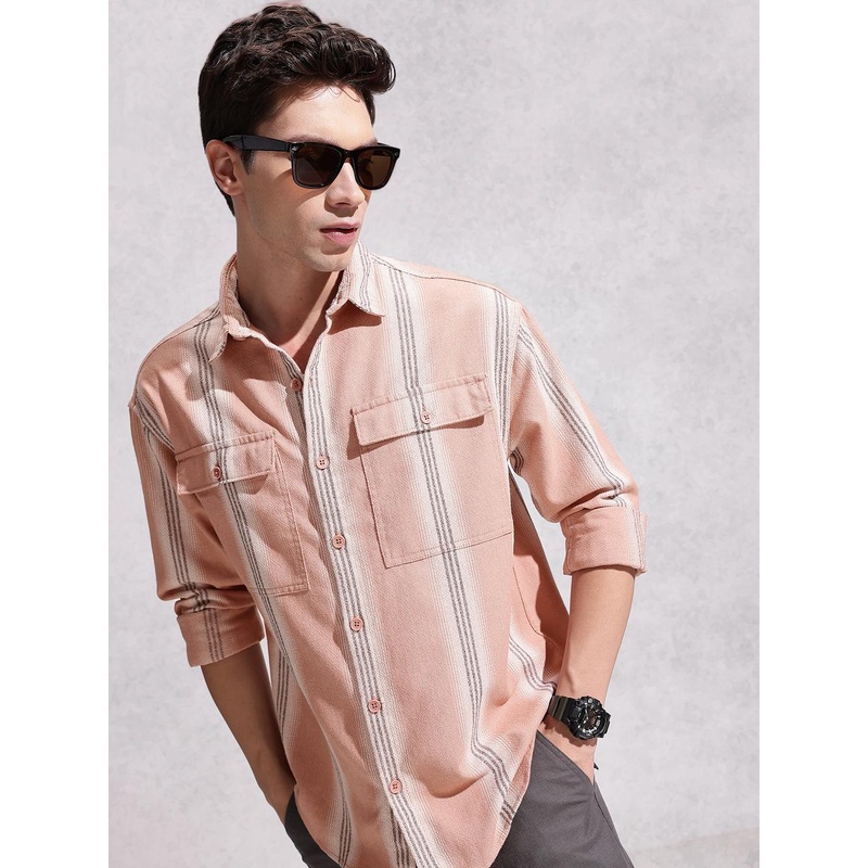 WROGN Vertical Stripes Drop-Shoulder Sleeves Oversized Casual Shirt