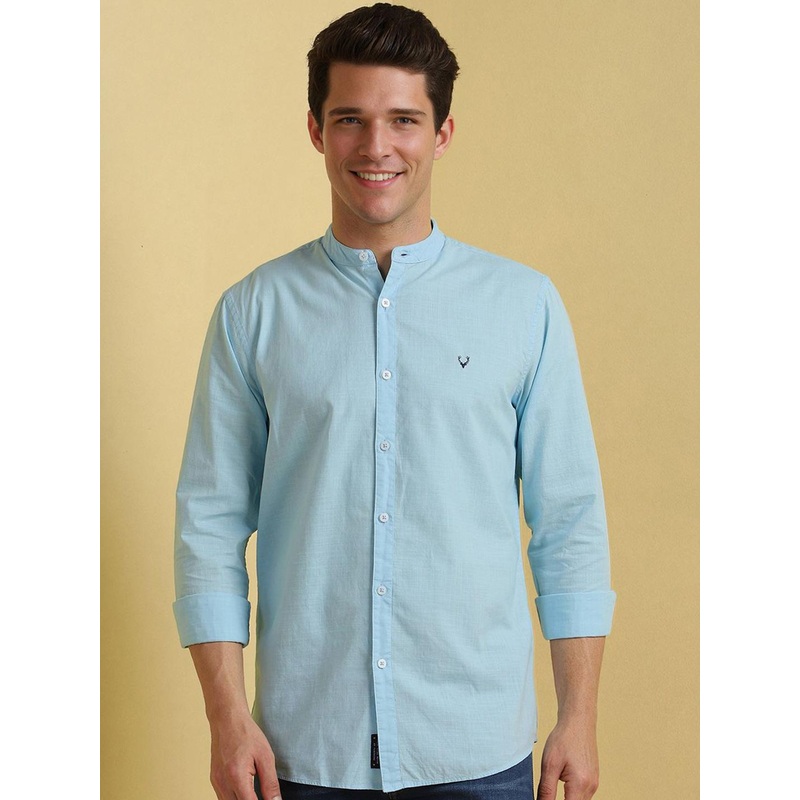 Allen Solly Men Custom Fit Band Collar Solid Cotton Casual Shirt